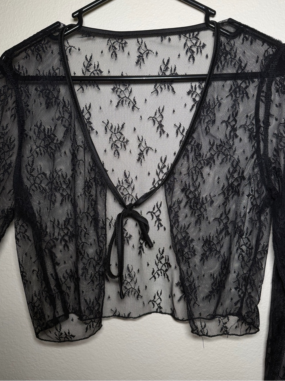Black Sheer Lace Mesh Cropped Cardigan Sweater Whimsical Gothic Fairy Romantic - Picture 3 of 4